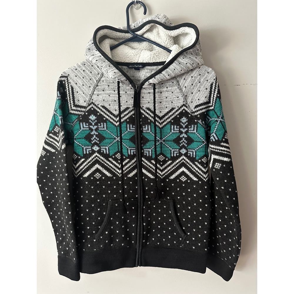 American Eagle Nordic Fair Isle Sherpa Lined Hooded Zip Up Sweater Teal Black M